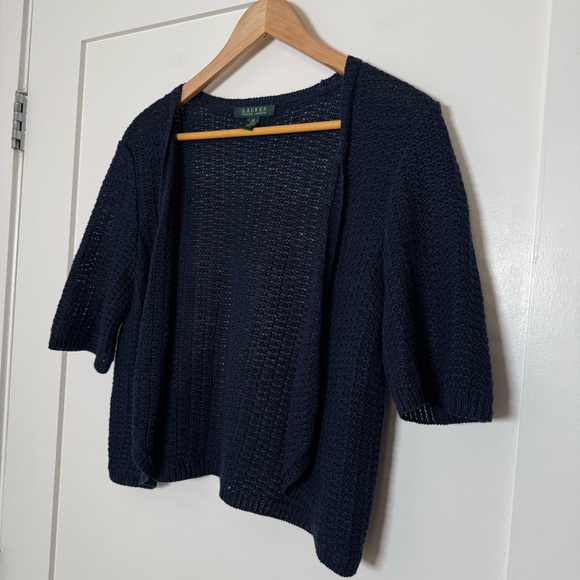 Lauren Ralph Lauren Open Cardigan Women Sz M Navy Knit V Neck Cropped 100% Linen - Picture 2 of 10